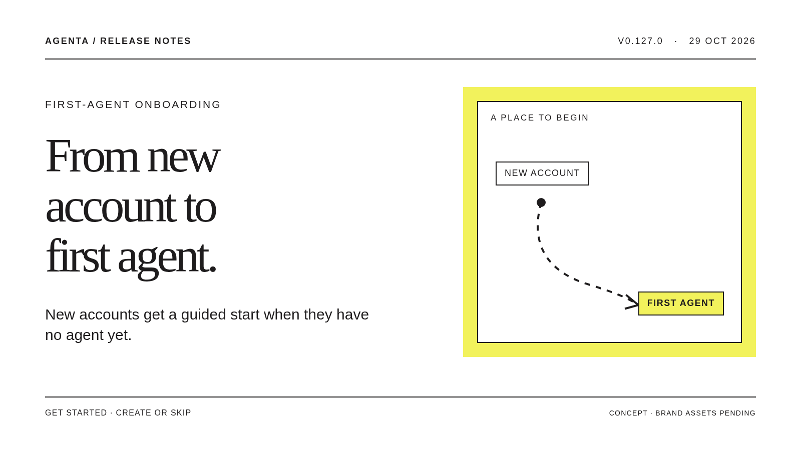 Release concept: A path guides a new account toward its first agent.
